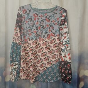 Floral, Patchwork Looking, Long Sleeve Top